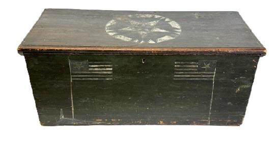 M239 Excellent example of an early 18th century identified - New England original green painted Sea Chest bearing a hand painted Mariners Compass on top of the lid and a variation of one on the inside of the lid. The front panel bears two hand painted flags facing each other. Lidded till inside bears the name J. A. Lanham painted in green along the edge of the tills lid. Six board construction with T nailed case and interior strap hinges are secured with rosehead nails. The interior bears natural patina. Original rope and wooden Becketts (handles) remain intact. Measurements: 42 ¾ wide x 17 ¼ deep x 17 ½ tall.