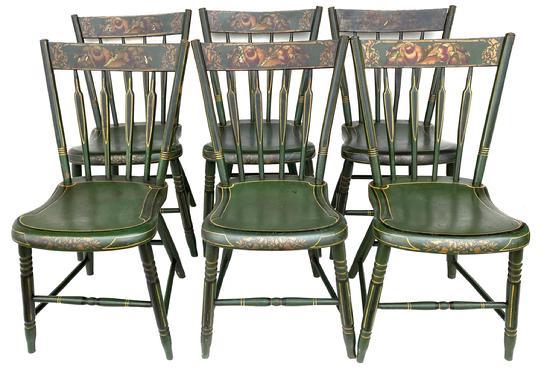 F391 PENNSYLVANIA PAINT-DECORATED SIDE CHAIRS, SET OF SIX, late Windsor arrowback forms, each having four-spindle back