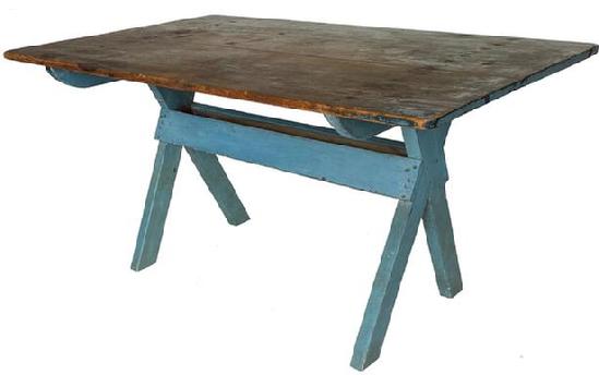 **SOLD** F525 Early 19th century Pennsylvania sawbuck table, having a two-board pine top and a base in beautiful robin egg blue paint. circa 1820 With the apple tray below. The top has a wonderful patina and traces of the original blue paint still remain on the top, and is in very good condition ,It also has an excellent overhang