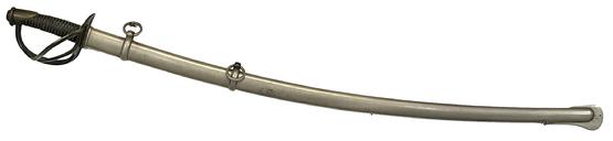 RM1547 Civil War Ames Model 1840 Heavy Cavalry Saber Sword with scabbard. This model saber was called the "wrist breaker as it is a relatively heavy cavalry saber that was manufactured before, and used extensively throughout, the Civil War. This example is dated 1850 on the blade and has the AMES Makers stamp on the reverse. The blade is bright and bears the Soldiers Rack number (44) stamped on both the hilt and on the bottom of the drag of the scabbard.  Very good condition.