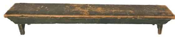 M87 19th century original Windsor green painted Prayer Bench with drop aprons on each side that are mortised into the splayed legs that end in half-moon cut out feet. Top is slightly angled. The wood is pine with square head nail construction. Circa 1850's. Measurements are: 6 ¾ deep x 42" long x 6" tall.
