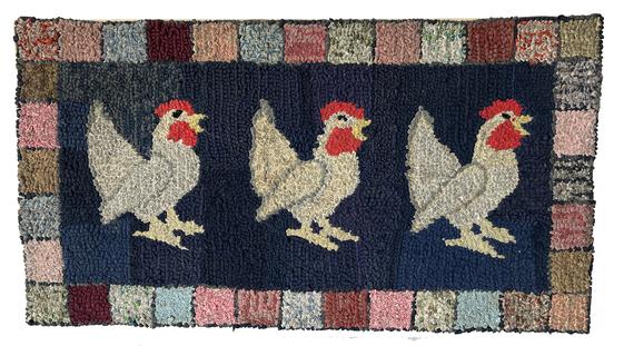 J409 19th century hand hooked rug depicting three white chickens with bright red combs on a navy-blue background. The rug�s border consists of a row of 2 ¾� colorful patchwork squares. Constructed of several types of fibers hooked into burlap. It has been professionally mounted on a frame that is ready for hanging. Measurements are 38 ¾� wide x 21" tall