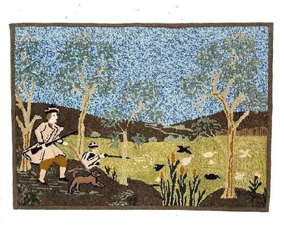 H176 HOOKED RUG, rectangular form, depicting two hunters with a dog, the hunter in the back shooting his rifle at a flock of birds. Trees and cattails line the scene, mountains and blue sky in the background. Very tightly hooked wool on burlap, with wool binding applied to edges. Mounted to fabric on a wooden stretcher for hanging. Second quarter/mid 20th century. Rug measures 36" x 26".  