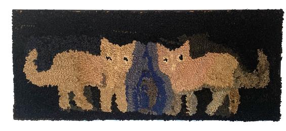 G296Hooked rug featuring three very primitive cats on a black background. Maker creatively incorporated a cat sitting with its back/tail to the viewer, in between two standing, side view cats. There are mixed fabrics used, predominantly cotton and wool, hooked on burlap. Mounted and ready to hang! Circa 1870 - 1880�s. Measurements: 35 3/4� wide x 13 3/4� tall  