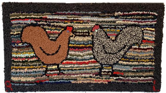 G403 Early 20th century Hooked rug featuring two large chickens on a variegated striped background with a nice black border. The initials �R� and �L� are incorporated into opposite lower corners of the rug. Wool on burlap. Mounted and ready to hang! Provenance: from the collection of Marilyn Gould of Wilton, CT.   Measurements: 38� wide x 21 3/8� tall  