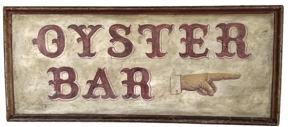 H561 19th century "Oyster Bar" Trade Sign. This trade sign has beautiful bold red letters and outlining on a white background with a very detailed painting of a hand boasting a pointing finger. Very nice artwork. It is painted on a single wooden wide board, with applied molding.  Found in Maine. Circa 1850. Measurements: 18 3/4" tall x 43 7/8" long