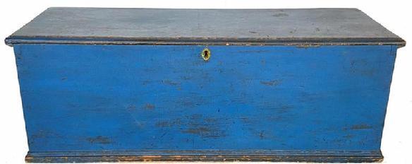 G54 Early 19th century New England Blanket Chest / Seachest in beautiful old blue paint , the case of the chest is dovetailed , with applied moldin around the base, the interior is very unusual with four dovetailed drawer