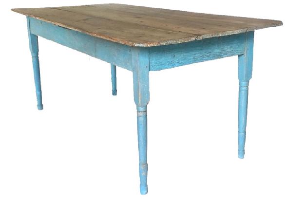 H40 Gorgeous, mid-19th century Piedmont, North Carolina farm table with three board scrubbed top resting on original blue painted base. Turned legs are fully mortised and pegged into the apron. Scrubbed top boasts clipped corners and is secured with square head nails. A sturdy, original batten beneath the center of the table is mortised through the sides and supports the top as well as keeping it from twisting / warping. Yellow pine and poplar woods. Circa 1840s. Measurements: 6' long x 34 1/2" wide x 30 1/2 tall. (24" from apron to floor)