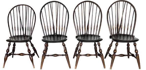 H447 Set of 4 Wallace Nutting Braceback Windsor chairs. Three retain the stamp �301� with partial paper labels, and one retains the stamp �303� with full paper label and �WALLACE NUTTING� stamp below the label. Each chair retains its original light brown finish.