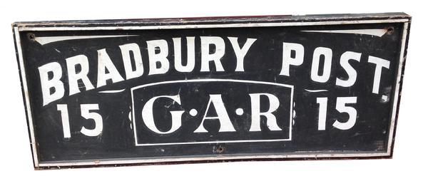 RM324 Late 19th century Maine Civil War Veterans Grand Army Republic  Trade Sign ,  BRADBURY  POST 15 G.A.R.  the sign is painted on one wide board, with applied molding, original white and black paint, sign by Artist.