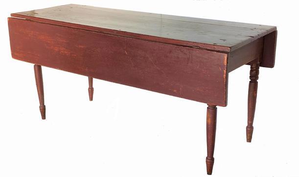 G219 Rare late 1800's New England drop leaf American Harvest Table, mortised stright tapered turned legs. Harvest Table with a double drop leaf, nice tapered turned legs, with original red paint (circa 1810 - 1820)