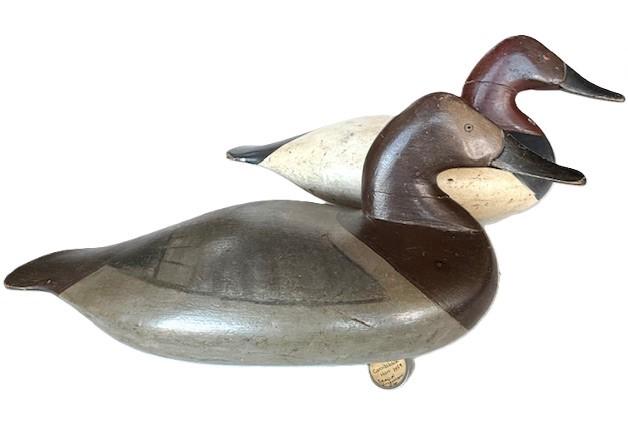 L3 Rare pair of Canvasback rig-mates carved by W. Scott Jackson (1852-1929) of Charlestown, Maryland. Original painted surfaces with minor period touch-ups. Original weights remain intact on bottoms. 