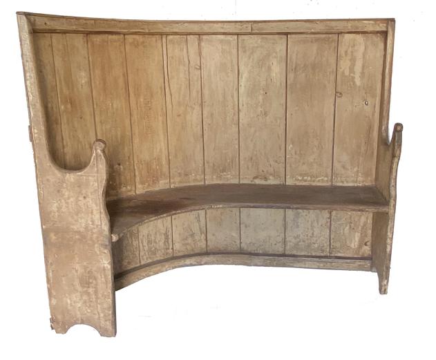 G440  Gorgeous  18th century Pennsylvania  high back  settle bench with a curved barrel back, in the original mustard paint, carved lollipop arm rests  ,the set and the bench is very sturdy construction; ca. 1800, hook shaped, Measurements are 56" h[gh., 64" w[de x 31 ½�deep