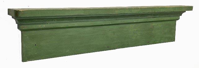 **SOLD** K1790 Early 19th century Pennsylvania green painted Wall Shelf. Classic lines with nice, stepped down molding underneath the top. All square head nail construction. The wood is pine. Very sturdy. Circa 1850s. Measurements: 63 ½ wide x 6 deep x 13 ½ tall.   