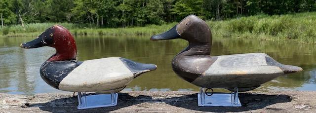 RM1552 RARE Pair of Canvasback Decoys carved by Carroll Cleveland Algard of Charlestown, Maryland - circa 1920s. Staples, rings and original weights remain intact on the bottom of each decoy. Mr. Algard made decoys in his spare time, both for his own hunting rig and for sale. He made only Canvasbacks, including miniatures. Although the bodies of his decoys are well-shaped, he did not enjoy carving the heads, so he often visited his neighbor, Will Heverin, to purchase heads to be fastened on the Algard bodies. It is not unusual to find Algard birds with original Heverin heads. Like the other Charlestown carvers, wing patterns are found only on the hens. Wally Algard is known to have made two Holly pattern bushwhack boats for his personal hunting rig, and he also owned a sneak boat.