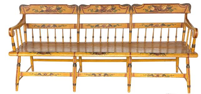 F306 Mid 19th century Pennslyvanis paint decorated Settee,Paintted, Pennsylvania, plank-seat settee of the mid-19th century (1845-1865), in the half-spindle-back style with an angel wing crest rail. The mustard yellow with green leaves , brown fruit and red striping. The theorem-like registers on the crest rails are typical of rural Pennsylvania chairs and benches. There is a large fruit in the center