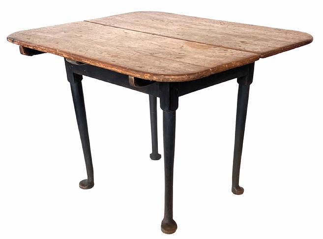 H182 18th century New England Queen Ann  two  board scrub-top Table , circa  1780-1790  Retains an old black-painted surface the top is held in place with tee nails and wooden pegs ,with battens affixed to the underside, raised on cabriole legs terminating in pad feet.  Second half 18th century.  Measurements: 26" High , 32 3/4"wide  x 37 3/4" long  top.