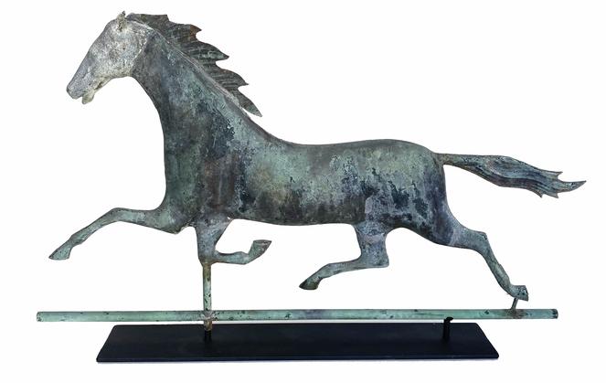 G550 Early 1900�s Antique Copper Running Horse Weathervane. This large horse has a body made of copper and a cast head.  Full body. Great patina and condition with flowing mane and tail, mounted on an iron stand for displaying.  Measurements are: 32" long x 19" tall 