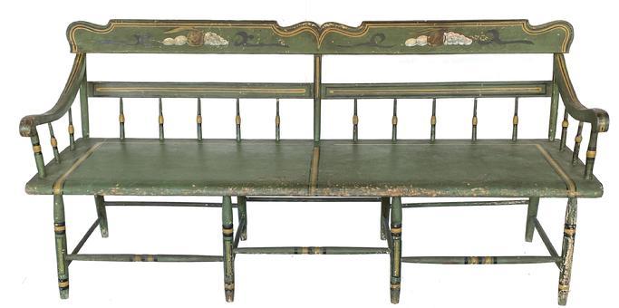 G201 19th century Paint-decorated, Pennsylvania, plank-seat settee (1845-65), in a half-spindle-back style The green painted background is beautifu with mustard and black pin strips . The theorem-like painting of fruit are typical of rural Pennsylvania chairs and benches. These are hand-painted with fruit
