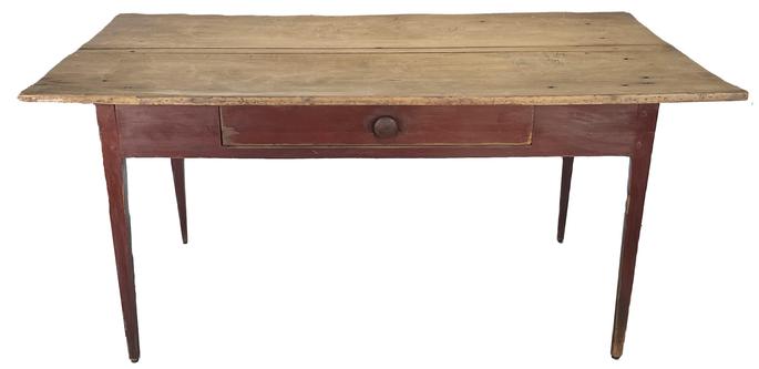 **SOLD** L0418A (L418) North Carolina scrub top table with a beaded edged dovetailed drawer. This sturdy farm table features a three-board top resting on nicely tapered Hepplewhite legs. The apron is fully mortised and pegged into the legs. Found in Winston Salem, North Carolina. The wood is yellow pine. Measurements: 35 ¾ wide x 63" long x 29 1/3 tall. (22 ¾ from apron to floor). 