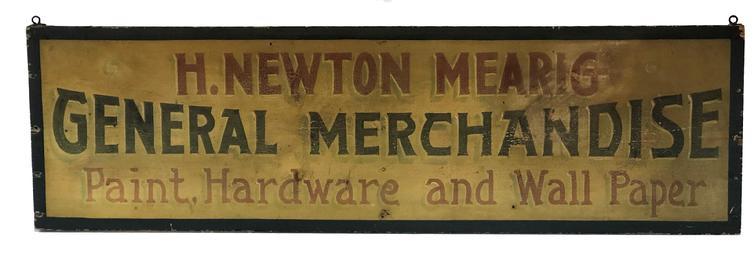 F51 19th century General Merchandise wooden trade sign advertising Paint Hardware and Wall Paper. H. Newton Mearig, proprietor from Lancaster County, Pennsylvania. Single board with yellow background with green and red letters and a green border. 