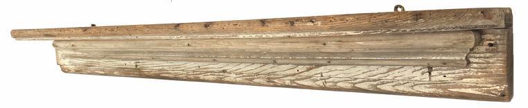 G279 19th century Pennsylvania hanging wall shelf, in the original dry white paint , the wood is white pine, the shelf has rounded corners, with molded edge Measurements are46 1/2" long x 5" tall x 8" deep Image Properties