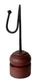 L236 Early 19th century hand forged iron tabletop rush light with counterweight arm to keep the rush grippers tight. Mounted in a turned wooden base with remnants of original red paint. Measurements: Base is 3 &frac14;� x 3 3/8� diameter x 3 5/8� tall. Overall height is 10 &frac14;� tall.  