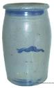 T48 1/2 gallon canning jar with 3 brushed blue accents stripes top, middle and bottom.. Some staining from use, otherwise excellent.