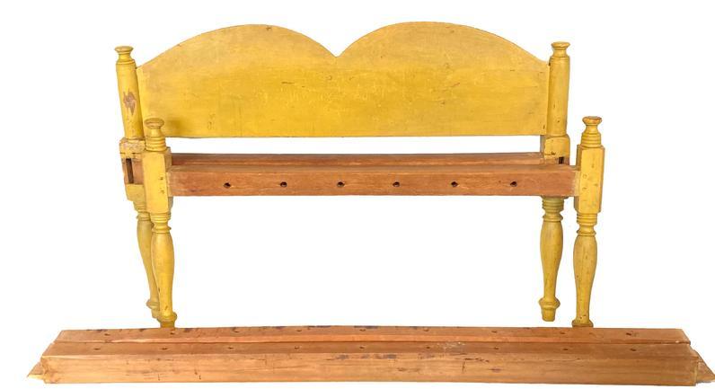 G6 19th Century Painted Heart Shape Rope Bed, original beautiful yellow paint 3/4 rope bed in great yellow paint and a heart shape headboard. Image Properties
