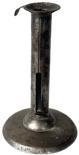 J309 Signed Hog scraper push-up candlestick bearing original natural surface. Finger curl for holding remains intact on top rim. Stamped on the original, working push-up tab by maker (unreadable). Christies auction stickers remain intact on bottom. Original worn, slightly pitted surface bears great patina indicative of age. Measurements: 3 7/8 diameter (base) x 6 ½ tall.
