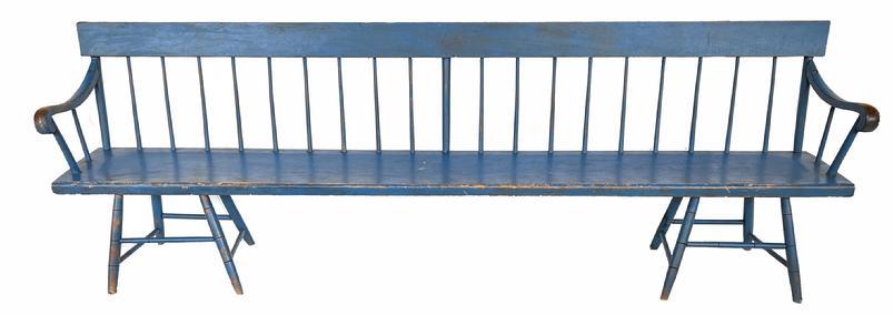 **SOLD** H200 Charming 8' long Pennsylvania 19th Century blue painted plank seat Windsor Settee featuring rolled arms and full spindle back resting on two sets of four high-style Bamboo Windsor Splay leg stretcher bases. One board plank seat. Measurements: 96 1/4" long x 14" deep x 32 1/4" tall (back). Seat top measures 15 1/2" from floor.