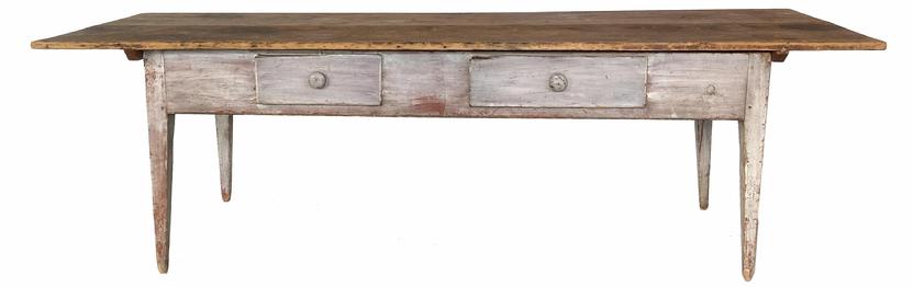 G703 Spectacular 18th century splay leg Pennsylvania two board scrub top table, in beautify oyster white paint, with two dovetailed drawers. Circa 1790-1810. The drawers are two different sizes, with the left one being 14 3/4� wide and the right one being 20 3/8� wide. The top consists of two wide boards secured together with large butterfly (or �bow tie�) joints on the underside. Wooden pegs that are inserted through two battens underneath the top and extend into the base are what is used to secure the top to the base. Nice, sturdy tapered splayed legs that are mortised and pegged,. Measurements: 8� (96�) long x 33 1/2� deep x 29 1/2� tall. 20 1/4� from apron to floor. The base measurements are 27� deep x 72 1/4� wide.