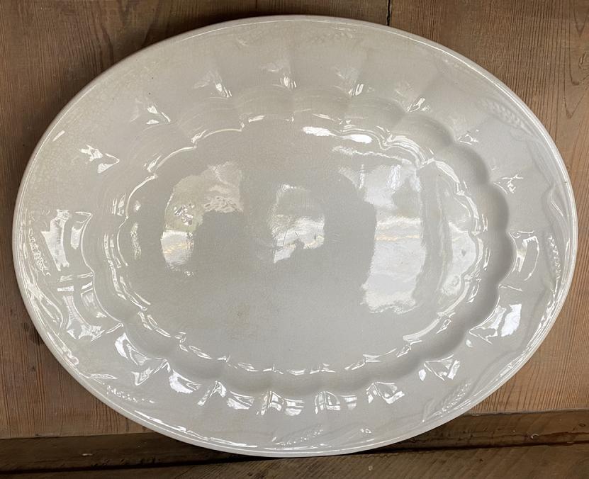 G126 Stunning antique white ironstone oval platter, fabulous Laurel Wreath or Victory shape. . Medium size or 13" long, 9-3/4" wide. Potted by Elsmore and Forster, ca. Civil War era. Impressed mark as well as ink stamp.