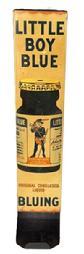 M82 Early 20th century Advertising tin wall dispenser rack for “Little Boy Blue Bluing”. This dispenser was made to hold individual glass bottles of laundry bluing, a product used to whiten and brighten clothes by canceling out yellow tones. Marked on lower right side “Made In U.S.A. Amer. Can. Co.” Circa 1910-1920s. Measurements: 4” wide x 2” deep at top x 3 ¾” deep at bottom dispenser opening x 18 ½” tall.