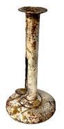 L73A Early 19th century iron hog scraper push up candlestick in old white painted surface. Tight, unmarked, working push-up thumb tab. Surface pitting and wear indicative of age and use. Very sturdy and tight. No evidence of ever having a finger curl at top. Measurements: 7 tall x 3 ¾ diameter (base).