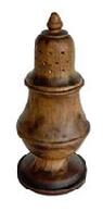 M8 Early 1900s wooden Treenware Sugar Shaker / Muffineer with acorn finial - used for sprinkling sugar, pepper and spices particularly cinnamon over food (generally muffins). This solid wooden example is marked France on bottom Measurements: 3 bottom diameter x 7 tall.