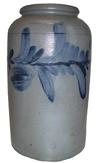 R112 This 3 gallon stoneware jar is decorated all around with cobalt blue flower decoration. It was made in southeastern PA or Baltimore, MD, c1860. 16" tall