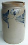 U197 2 gallon cobalt - decorated  stoneware Jar. Baltimore MD. circa 1850 heavily decorated completely around with a brush cobalt leaf and flower design. Stamped 2 gallon 13" tall