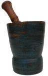 X40  Treenware Mortar and Pestle, American, late 19th century. original blue  painted surface  5 7/8" diameter x 7 1/2" tall