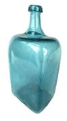 RM1528 Early 19th century Aqua Blue hand-blown glass Gin / Case bottle with applied neck and rim and rounded shoulders. Nice bubbled, wavy glass with a rectangular shaped, kicked-in bottom bearing a rough edged pontil mark. Great color and condition. Found in New England. Approximate measurements: 5 wide x 3 ¾ deep x 10 ½ tall 